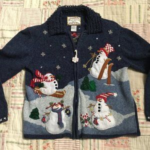 Women's Heirloom Collectibles Petites Christmas Snowman Cardigan Navy Size PS